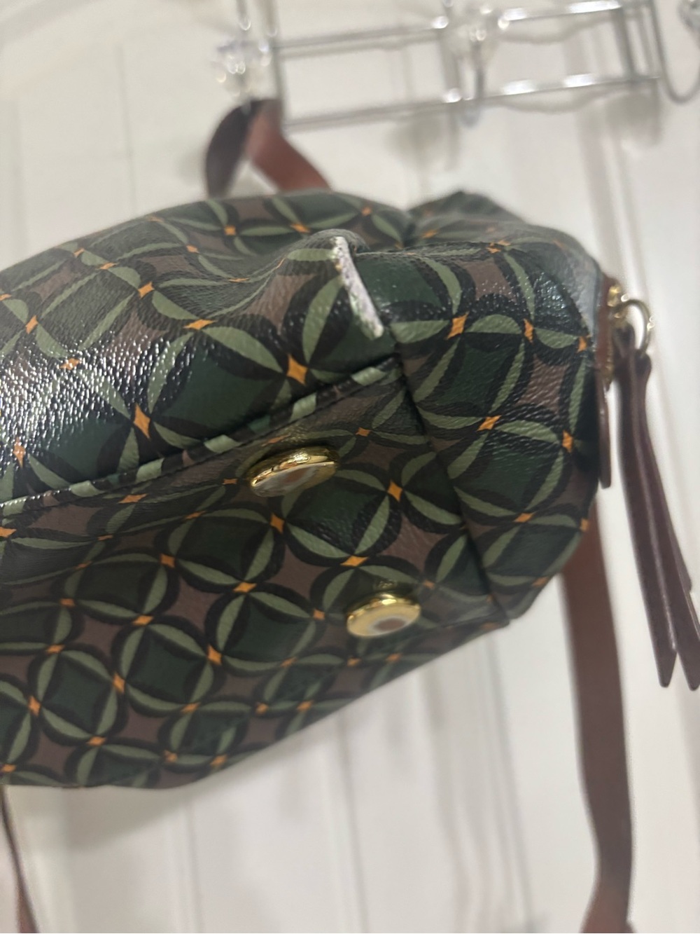 Fossil Green Geometric Dome Satchel with Brown Leather Trim - Picture 3 of 9